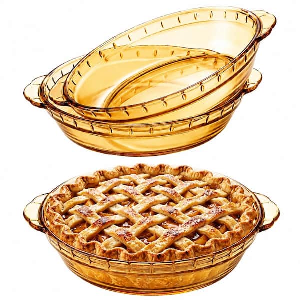 2 Pack 8 Inch Round Deep Amber Tempered Glass Pie Dishes with Handles Oven and Dishwasher Safe