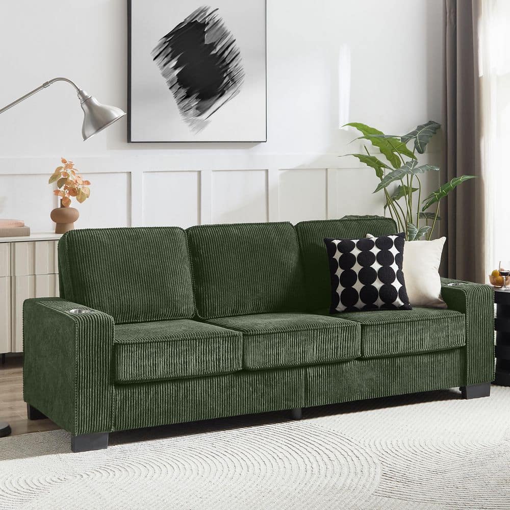 Dillon 83.86 in. Square Arm Fabric Rectangle Sofa in Green, Cup Holders price history on PriceWatchPro