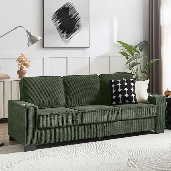 Dillon 83.86 in. Square Arm Fabric Rectangle Sofa in Green, Cup Holders