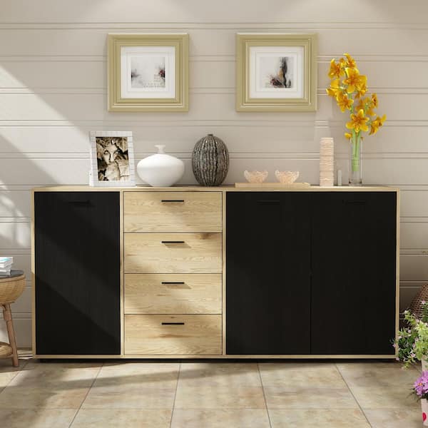 FUFU&GAGA Burly Wood Color and Black 32.6 in. H Rectangle Wooden Storage Cabinet, Sideboard, Dresser with 4-Drawer and 4-Shelf