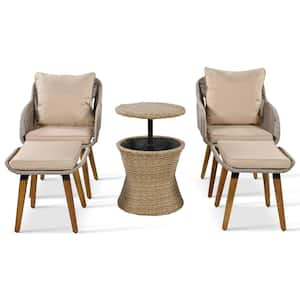 5 Pieces Wicker Patio Conversation Set with Pop-Up Cool Bar Table Ottomans Removable and Washable Brown Cushions