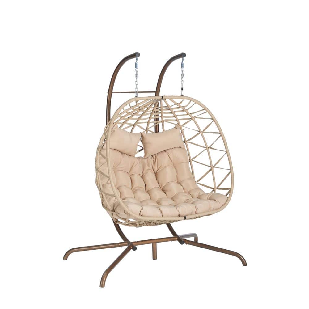 2-Person Beige Wicker Patio Swing with Khaki Cushions, Double Egg Chair Por