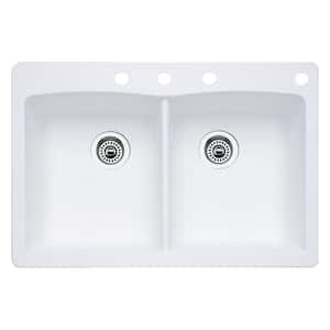 Diamond Dual-Mount Granite 33 in. 4-Hole 50/50 Double Bowl Kitchen Sink in White