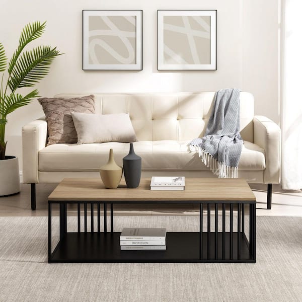 Walker Edison Furniture Company 43 in. Coastal Oak/Black Metal and Rectangle Wood Industrial Coffee Table with Bar Details