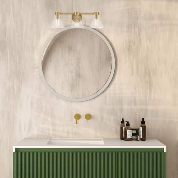 Willow Creek 25 in. 3-Light Brushed Gold Contemporary Vanity Light with Clear Blown Glass Shades
