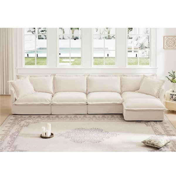 156.6 in Wide Straight Arm Chenille L-shaped Reclining Sofa with Suppleness Armrests and 2-Big Pillows in Cream