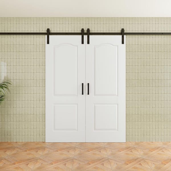 60 in. x 80 in. Arched 2 Panel Solid Core White Primed MDF Sliding Barn Door with Hardware Kit (without Soft Close)