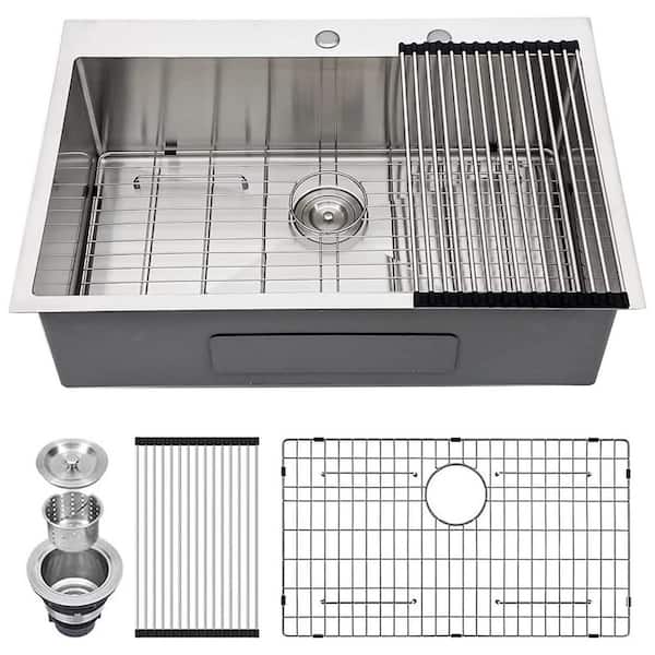Magic Home 33 in. x 22 in. 16-Gauge Stainless Steel Single Bowl Drop-in Topmount Kitchen Sink with Bottom Grid