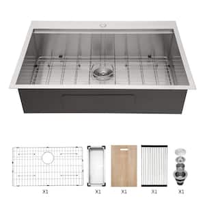 Brushed Nickel Stainless Steel 33 in. 18 Gauge Workstation Single Bowl Drop-In Kitchen Sink with Bottom Rinse Grid