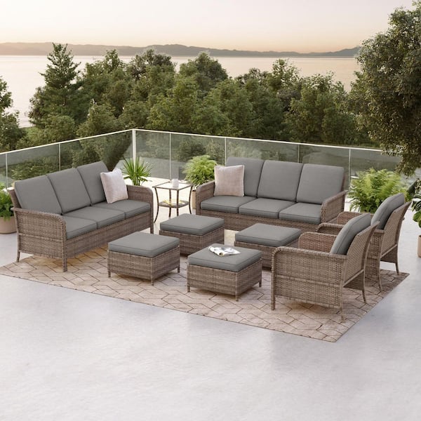 9-Pieces Patio Conversation Set with Outdoor Armchair, Ottomans and Side Table Gray Wicker with Gray Cushion