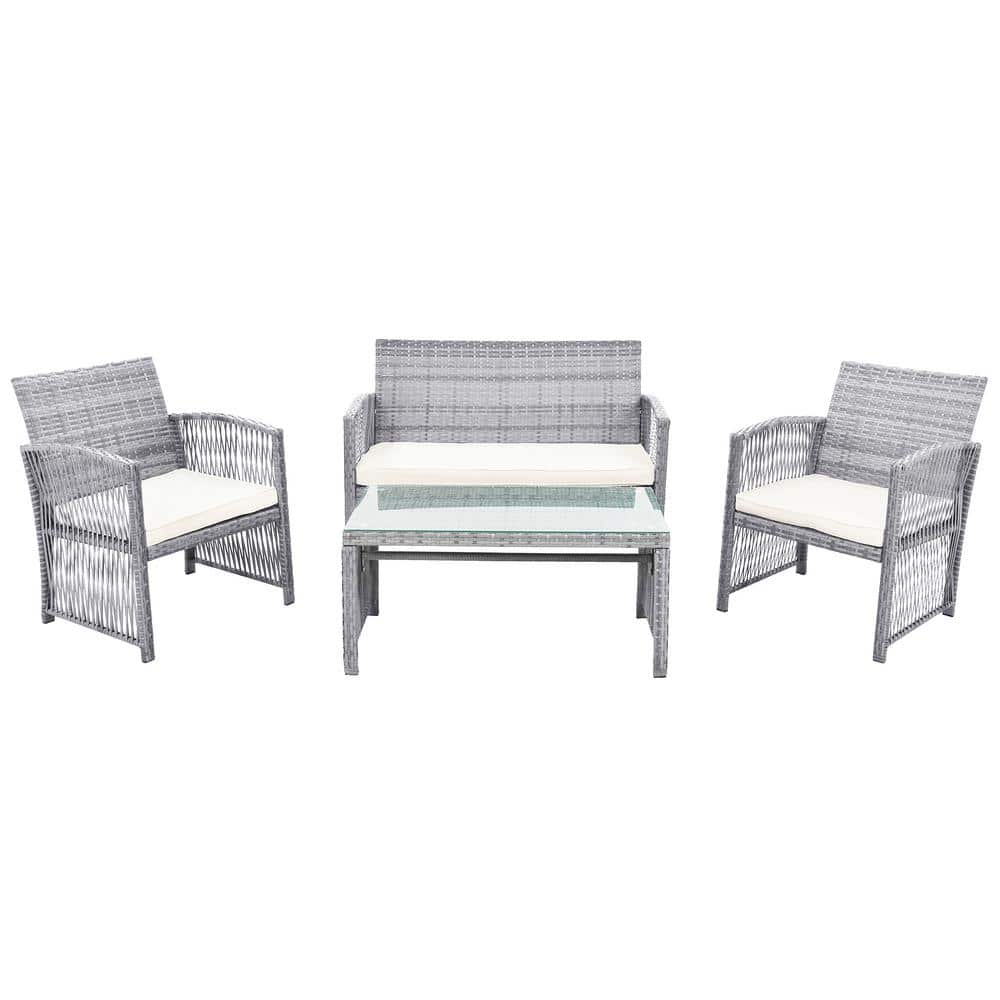 4-Pieces Gray Wicker Outdoor Sectional Set with Beige Cushions for Garden, 