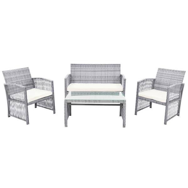 Unbranded 4-Pieces Gray Wicker Outdoor Sectional Set with Beige Cushions for Garden, Backyard, Porch and Poolside