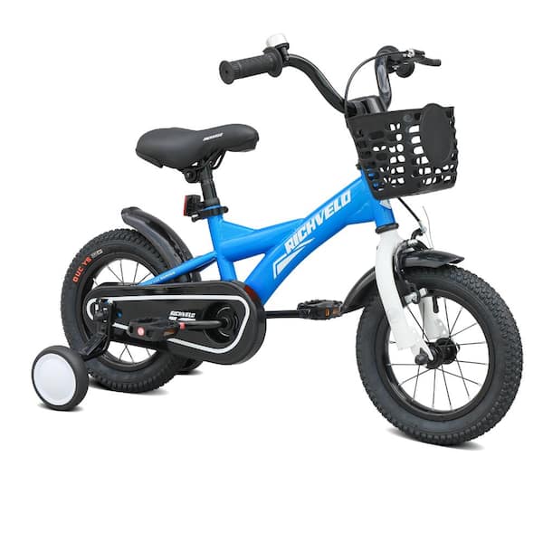 12 inch  Kids Bike With Training Wheels, Front V-Brake & Coaster Brake, Basket for Boys Age 3-7 Years Old,Blue