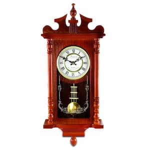 25 Inch Wall Clock with Pendulum and Chime in Dark Redwood Oak Finish