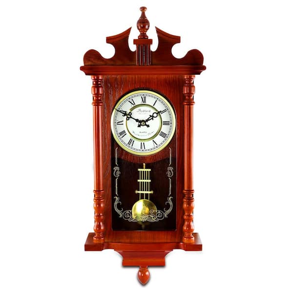 Bedford Clock Collection 25 Inch Wall Clock with Pendulum and Chime in Dark Redwood Oak Finish