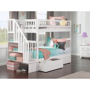 Woodland Staircase Bunk Bed Twin over Twin with 2 Urban Bed Drawers in White