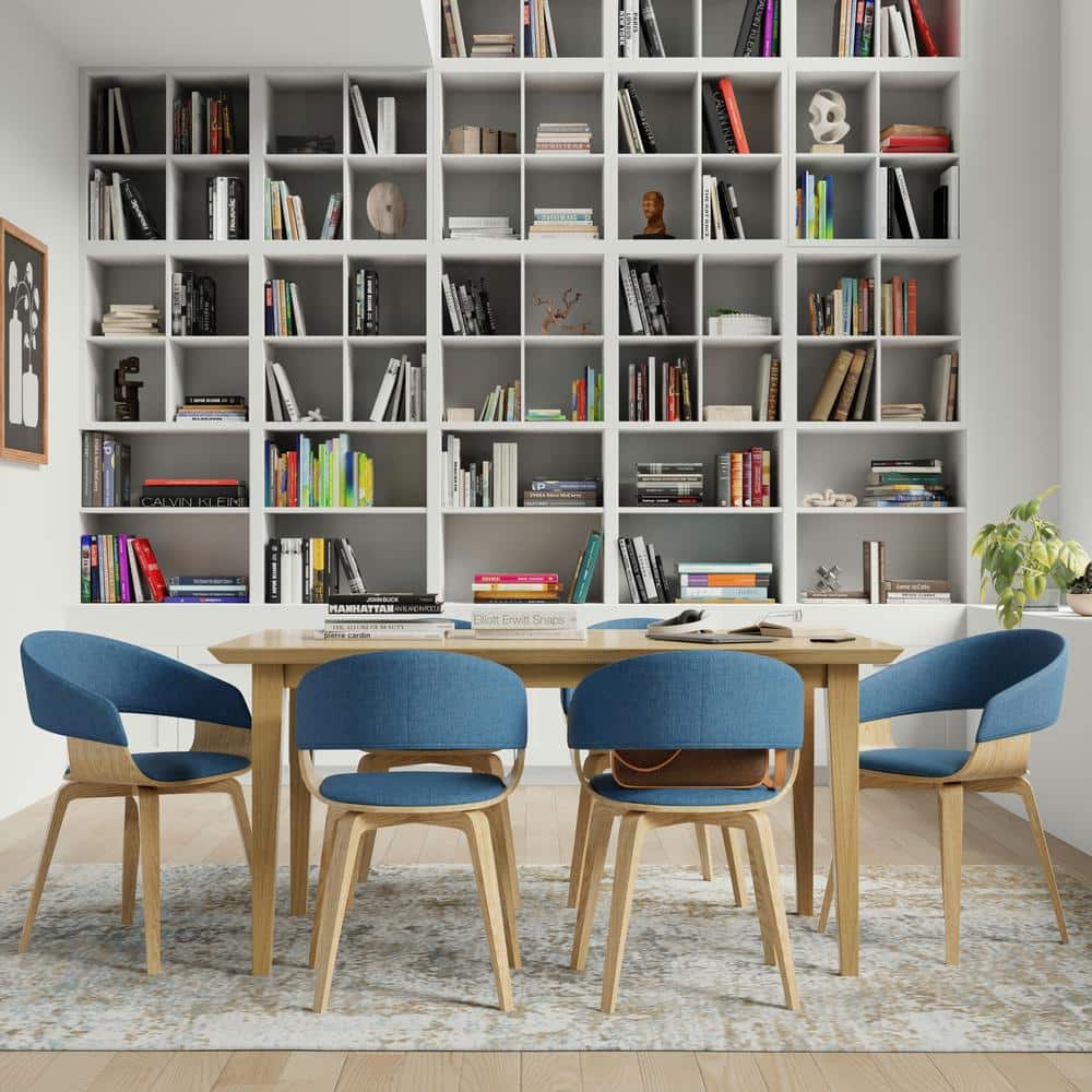 Blue Linen Upholstered Side Chair with Natural Oak Frame