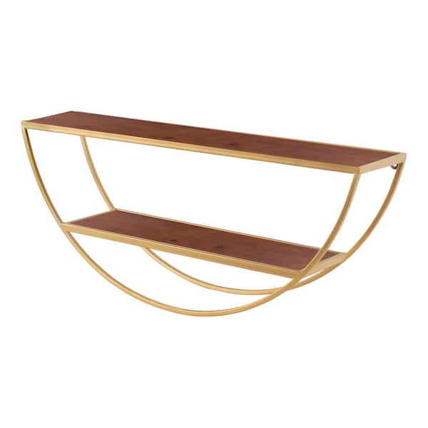 Kate and Laurel Tancill 6 in. x 26 in. x 11 in. Walnut Brown/Gold Metal Floating Decorative Wall Shelf Without Brackets