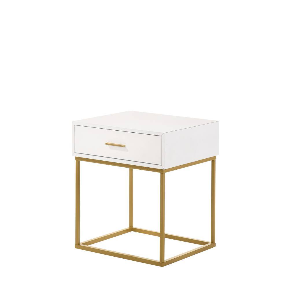 Catalina Mid-Century Modern White Rubberwood 1-Drawer Nightstand with Gold Legs