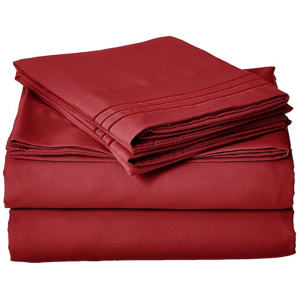 4-Piece Burgundy Solid Microfiber King - Split Sheet Set