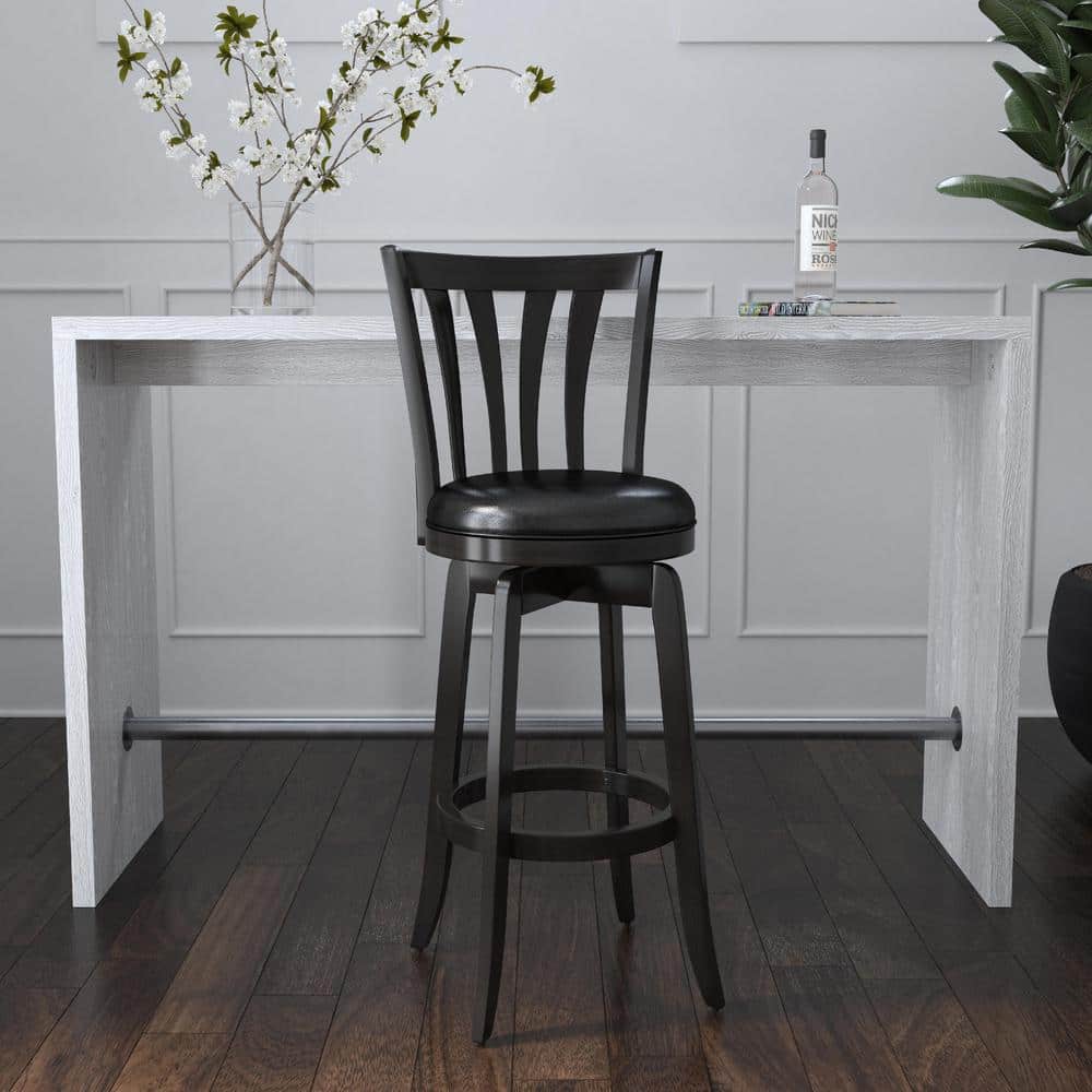 Black Wood Swivel Bar Stool with Faux Leather Seat