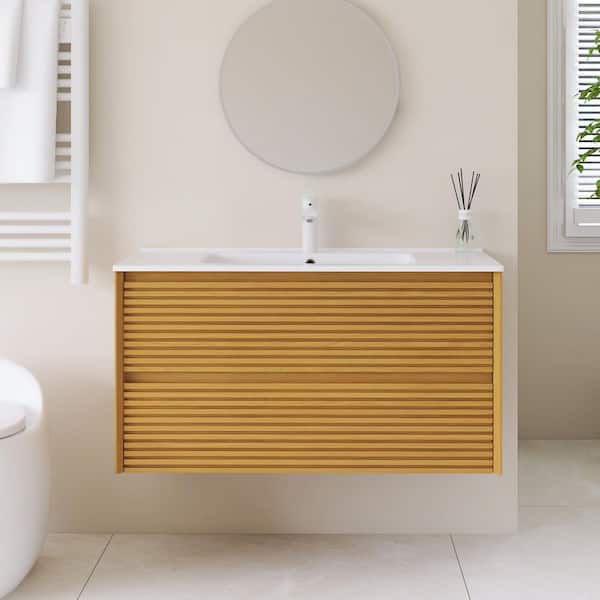 36 in. W x 18 in. D x 19 in. H Single Sink Wall-Mounted Bath Vanity in Golden Oak with White Ceramic Top