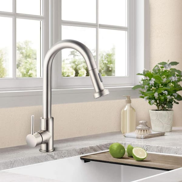 Satico Single Handle Gooseneck Pull Out Sprayer Kitchen Faucet in Brushed Nickel