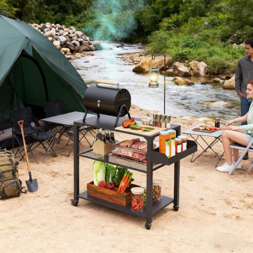 Black Metal Outdoor Side Table 3-Tier Grill Cart with Storage