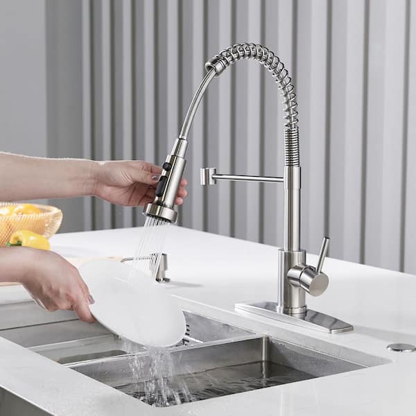 Single Spring Handle Kitchen Faucet with Pull Down Sprayer Kitchen Sink Faucet with Deck Plate in Brushed Nickel