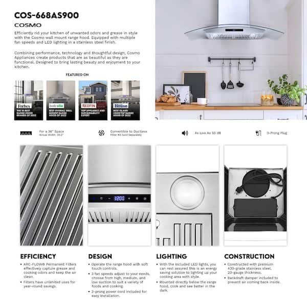 Cosmo 36 in. Vista Collection 380 CFM Ducted Wall Mount Range Hood