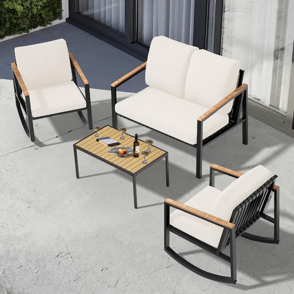 JEAREY 4-Piece Metal Outdoor Patio Conversation Set with Beige Cushions, 2-Rocking Chairs and Coffee Table