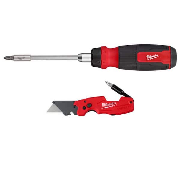 Milwaukee 14-in-1 Ratcheting Multi-Bit Screwdriver with FASTBACK 6-in-1 Folding Knife with General Purpose Blade (2-Piece)