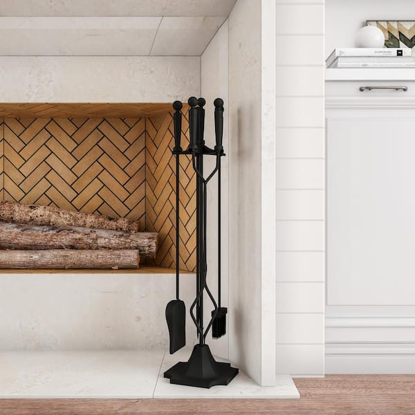 5-Piece Wrought Iron Fireplace Tool Set with Stand, Broom, Dustpan, Poker and Tongs in Matte Black
