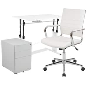 39.25 in. White Desk, Chair, Cabinet Set