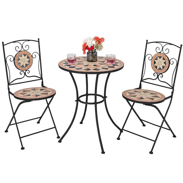 Costway 3-Pieces Ceramic Metal Patio Bistro Set Outdoor Patio Conversation Furniture Folding Dining Garden