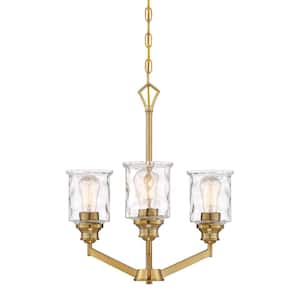 Drake 3-Light Brushed Gold Chandelier with Clear Hammered Glass Shades For Dining Rooms