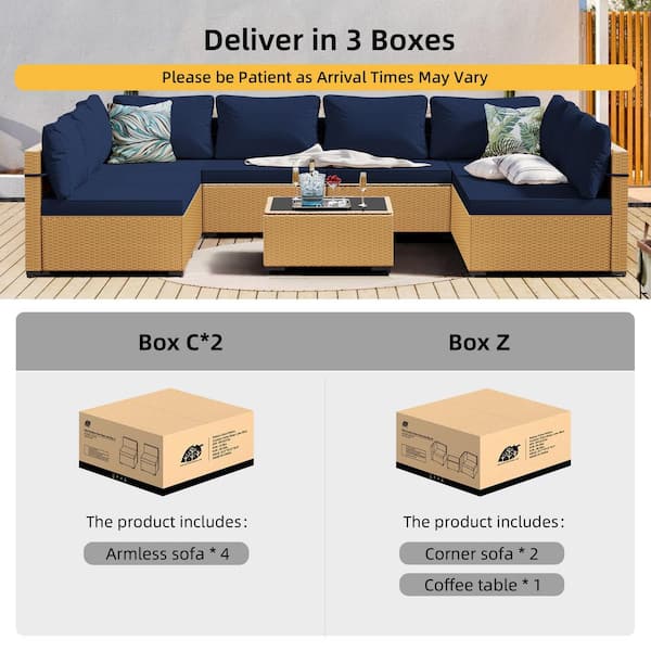 7-Piece Beige Wicker Patio Conversation Set with Navy Blue Cushions and Coffee Table