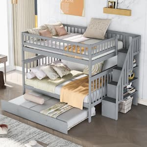 Gray Full Over Full Bunk Bed with Trundle and Staircase