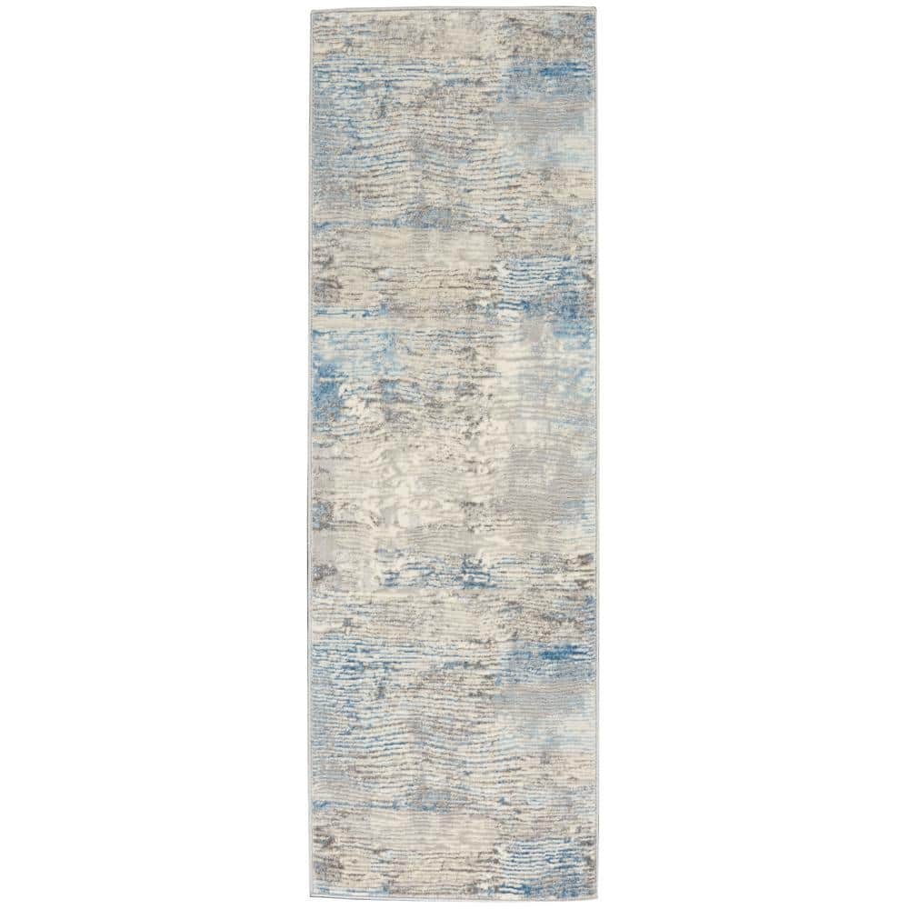 Ivory Grey Blue Hand-knotted Abstract Synthetic Runner Rug
