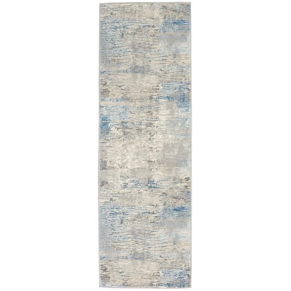 Solace Ivory/Grey/Blue 2 ft. x 7 ft. Abstract Contemporary Kitchen Runner Area Rug