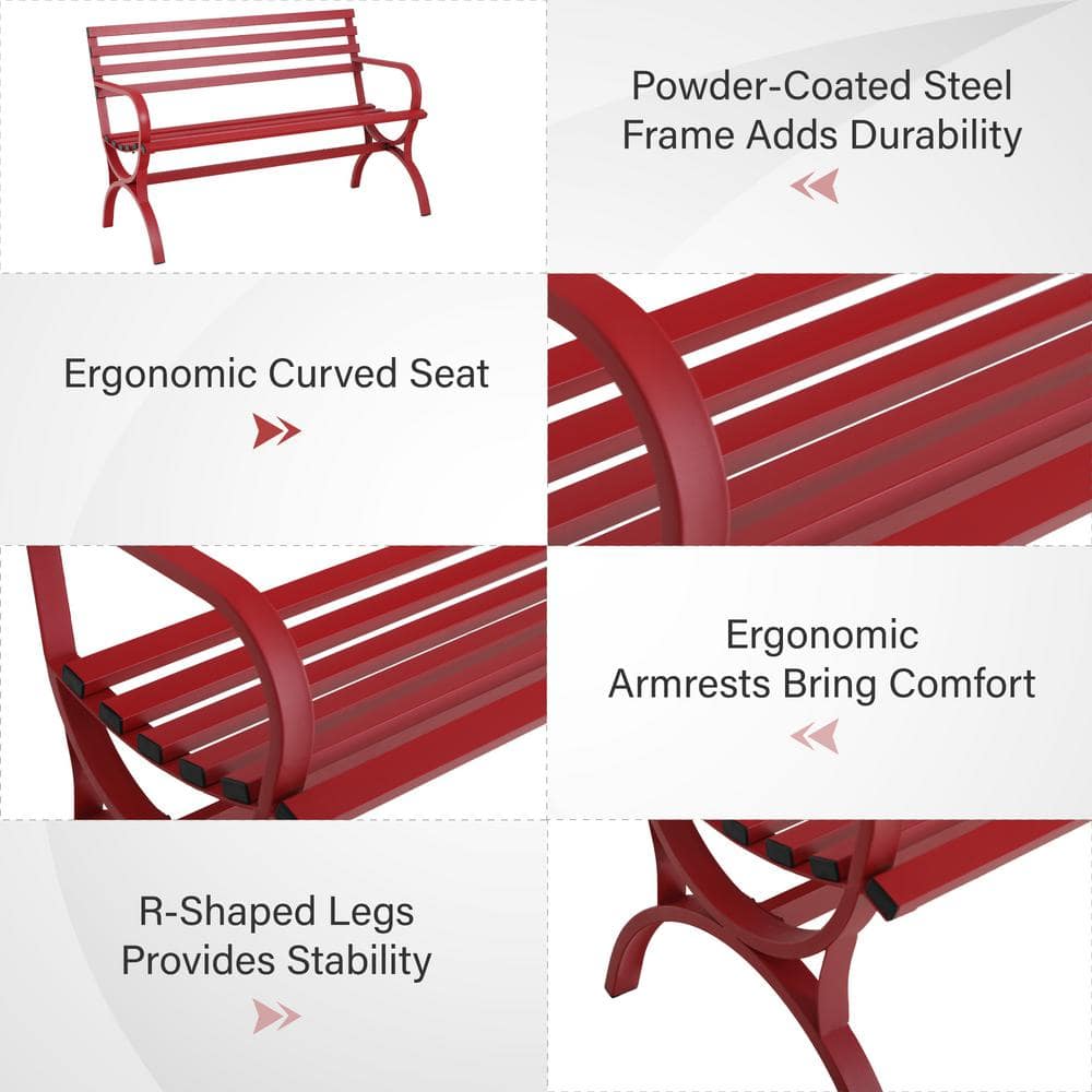 48-Inch Red Steel Slatted Outdoor Bench with Arms
