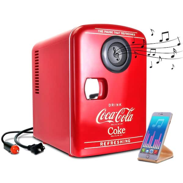 Coca-Cola 4L Cooler/Warmer with Bluetooth Speaker,12V DC and 110V AC Cords, 6 Can Mini Fridge, Red