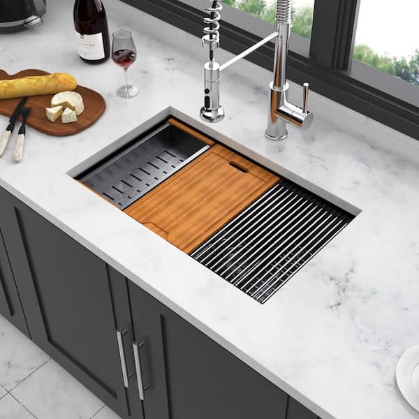 33 in. Undermount Single Bowl 16 Gauge Gunmetal Black Stainless Steel Kitchen Sink with Workstation