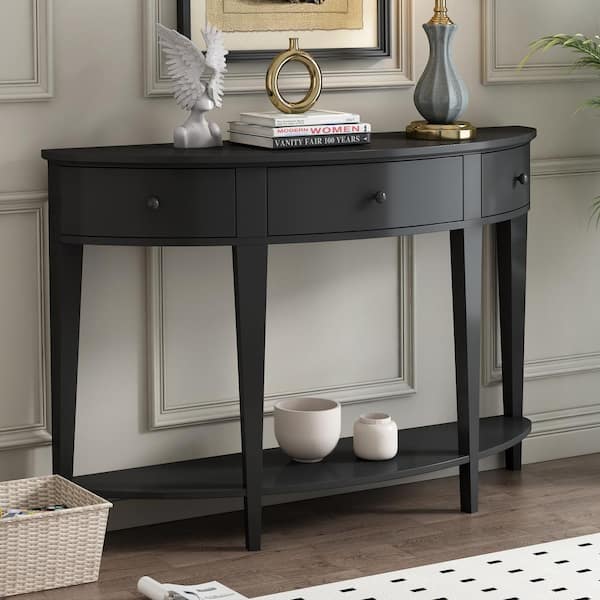 Harper Bright Designs 51.1 in. Black Half Circle Wood Console Table with 3 Drawers and Open Bottom Shelf WYT167AAB The Home Depot