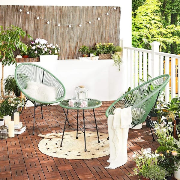 Unbranded Green 3-Piece Metal Outdoor Bistro Set with Glass Top Table and 2 Chairs