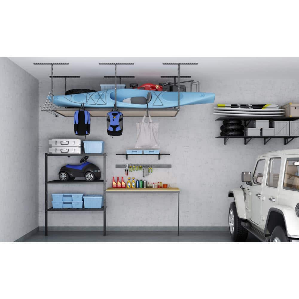 FLEXIMOUNTS GR48FB-OFFLINE Black Adjustable Height Overhead Garage Storage Rack (96 in W x 48 in D)