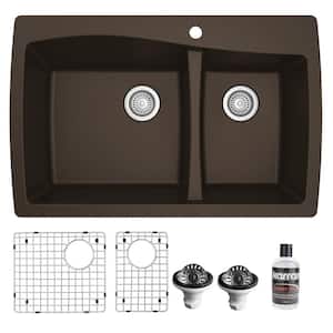 Brown Quartz Composite 34 in. 60/40 Double Bowl Drop-In Kitchen Sink with Bottom Grids and Strainers