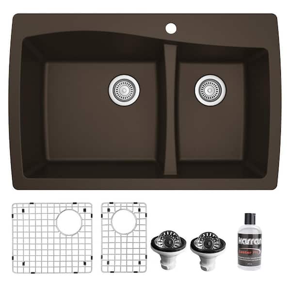 Brown Quartz/Granite Composite 34 in. 60/40 Double Bowl Drop-In Kitchen Sink with Bottom Grids and Strainers