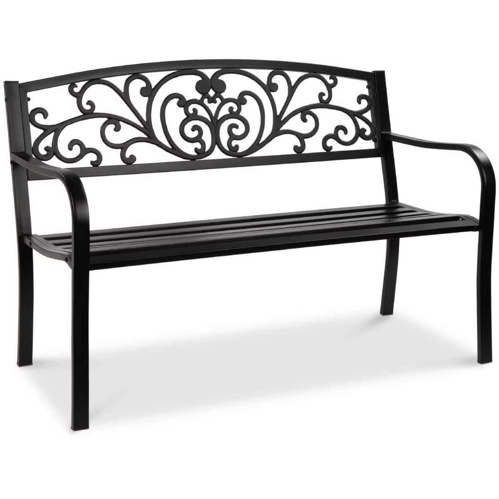 50 in. Black with Flower Design Outdoor Courtyard Metal Stool, Bench