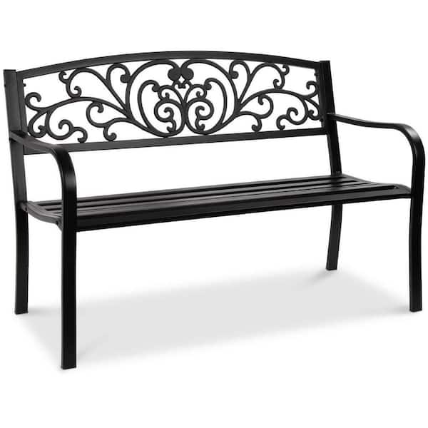 Cubilan 50 in. Black with Flower Design Outdoor Courtyard Metal Stool, Bench